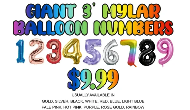 Giant 3-foot mylar number balloons in many colors at Capt. Party